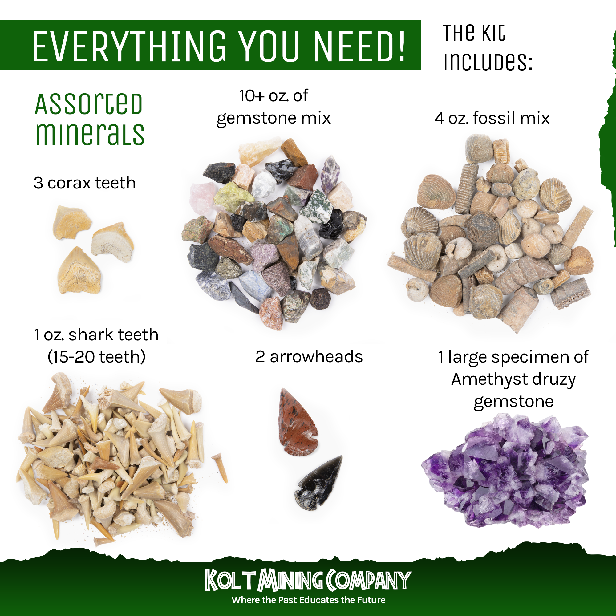 Infographic-style layout of everything inside a Kolt Mining kit: minerals, gemstones, fossils, shark teeth, arrowheads, and an amethyst druzy